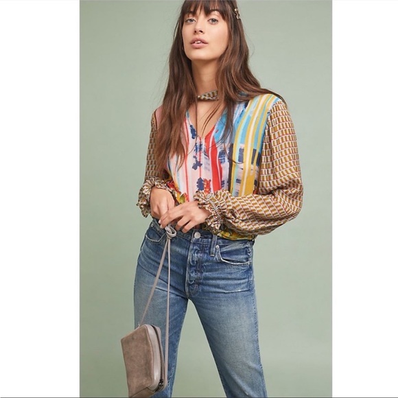 Anthropologie Conditions Apply Multicolor Peasant keyhole balloon sleeve blouse - Picture 16 of 16